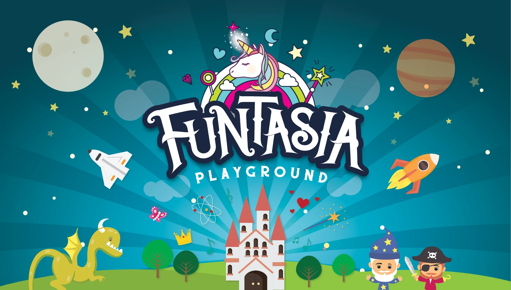 Funtasia Playground: castelo, unicórnio, dragão, feiticeiro e pirata debaixo de um céu de estrelas
